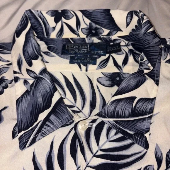 POLO RALPH LAUREN Clayton Shirt Mens XXL White Navy Tropical Leaf Viscose - Picture 3 of 8